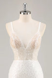 Vestido Curto de Cocktail Branco Brilhante com Alças Finas e Lantejoulas