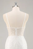Vestido Curto de Cocktail Branco Brilhante com Alças Finas e Lantejoulas