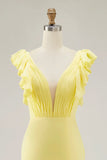 Vestido de Baile Amarelo Comprido Sereia com Decote em V Babados
