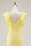 Vestido de Baile Amarelo Comprido Sereia com Decote em V Babados