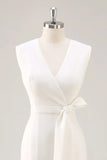 Vestido de Trabalho Midi Simples de Cetim Branca com Decote em V e Linha A Justo