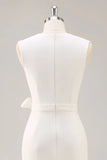 Vestido de Trabalho Midi Simples de Cetim Branca com Decote em V e Linha A Justo