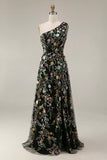 Vestido de Cerimónia Longo Floral Malva com Um Ombro e Fenda