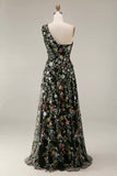 Vestido de Cerimónia Longo Floral Malva com Um Ombro e Fenda