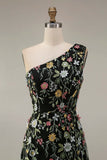 Vestido de Cerimónia Longo Floral Malva com Um Ombro e Fenda
