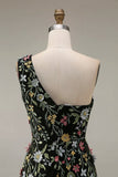 Vestido de Cerimónia Longo Floral Malva com Um Ombro e Fenda