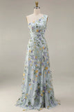 Vestido de Cerimónia Longo Floral Malva com Um Ombro e Fenda