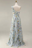 Vestido de Cerimónia Longo Floral Malva com Um Ombro e Fenda