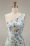 Vestido de Cerimónia Longo Floral Malva com Um Ombro e Fenda