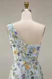 Vestido de Cerimónia Longo Floral Malva com Um Ombro e Fenda