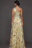 Vestido de Cerimónia Longo Floral Malva com Um Ombro e Fenda