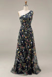 Vestido de Cerimónia Longo Floral Malva com Um Ombro e Fenda