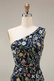 Vestido de Cerimónia Longo Floral Malva com Um Ombro e Fenda