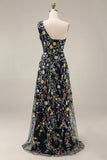 Vestido de Cerimónia Longo Floral Malva com Um Ombro e Fenda