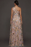 Vestido de Cerimónia Longo Floral Malva com Um Ombro e Fenda