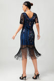 Sparkly Flapper Preto Dourado Lantejoulas Bodycon Fringed 1920s Vestido