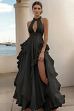 Branco Linha-A Cabeçada Chiffon Longo Vestido De Baile com Fenda