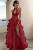 Branco Linha-A Cabeçada Chiffon Longo Vestido De Baile com Fenda