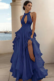 Branco Linha-A Cabeçada Chiffon Longo Vestido De Baile com Fenda