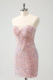 Sparkly Strapless Light Pink Tight Short Homecoming Dress com Sequins