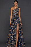Vestido de Cerimónia Longo Floral Malva com Um Ombro e Fenda