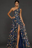 Vestido de Cerimónia Longo Floral Malva com Um Ombro e Fenda