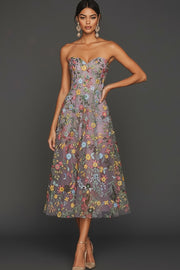 Vestido de Cerimónia Midi floral cor Malva Sem Alças