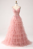 Blush A-Line Esparguete Correias Tiered Tulle Corset Long Prom Dress