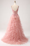 Blush A-Line Esparguete Correias Tiered Tulle Corset Long Prom Dress