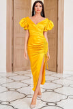 Vestido de festa amarelo de pescoço de sheath v com shirring