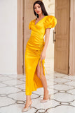 Vestido de festa amarelo de pescoço de sheath v com shirring