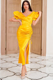 Vestido de festa amarelo de pescoço de sheath v com shirring