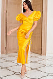 Vestido de festa amarelo de pescoço de sheath v com shirring