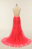 Coral Backless Long Prom Dress com Apliques