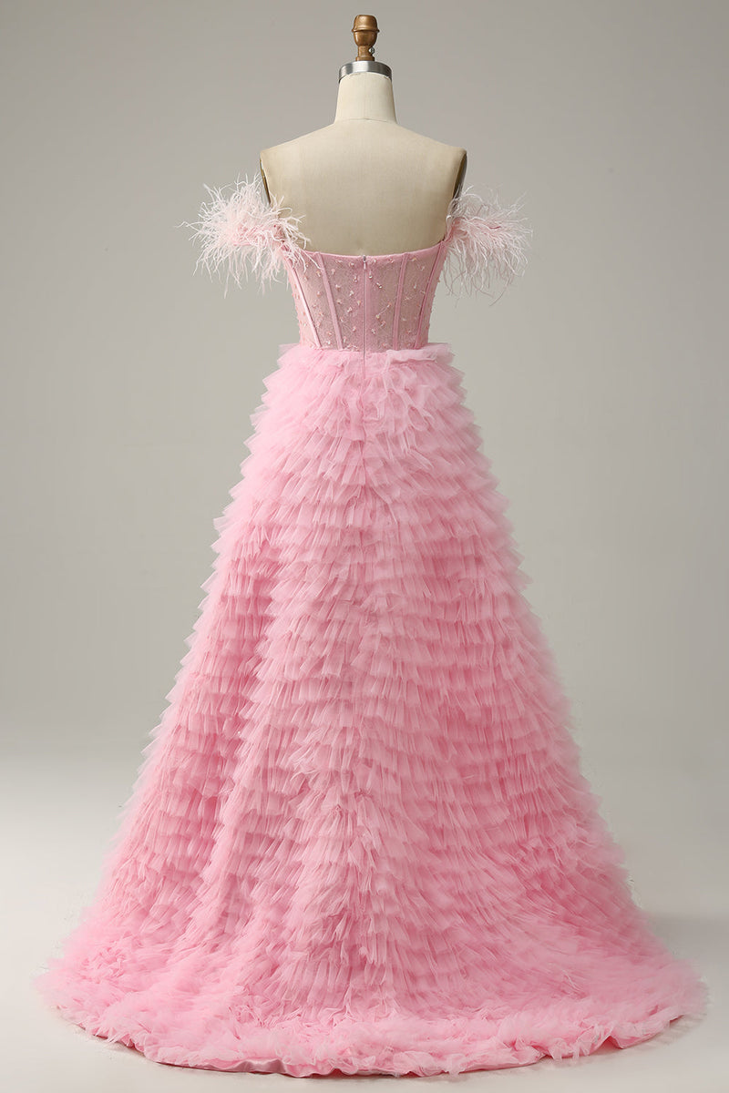 Carregar imagem no visualizador da galeria, A Line Fora do Ombro Rosa Vestido Cerimónia Com Penas