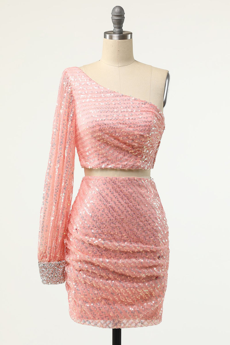 Carregar imagem no visualizador da galeria, Blush One Shoulder Sequin Cocktail Dress