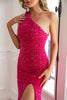 Carregar imagem no visualizador da galeria, Fuchsia Sequin Longo vestido de baile com fenda