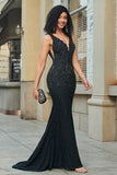 Brilhante Sereia Deep V Neck Black Lace Long Prom Dress com Missangas