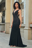 Brilhante Sereia Deep V Neck Black Lace Long Prom Dress com Missangas