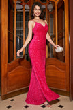 Sparkly Fuchsia Sereia Esparguete Correias V-Neck Lantejoulas Long Prom Dress With Split