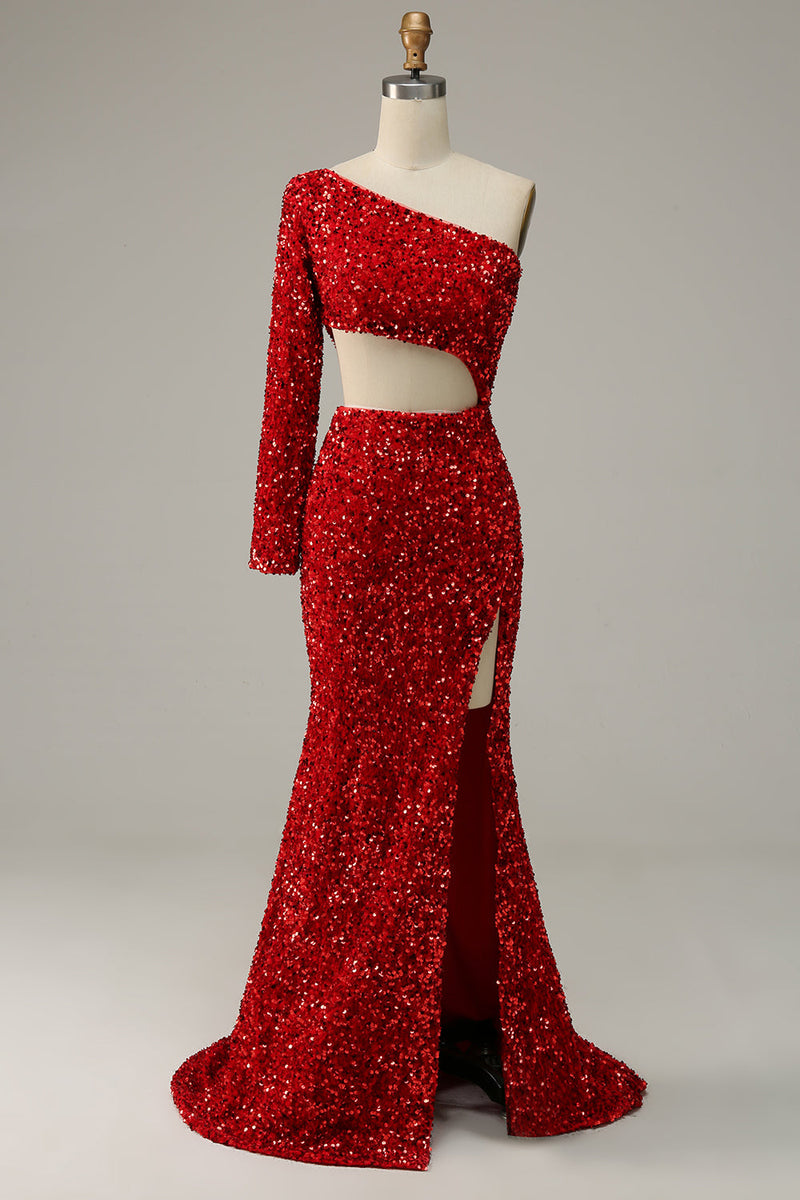Carregar imagem no visualizador da galeria, Sereia Um Ombro Lantejoulas Vermelho Vestido de Festa