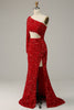 Carregar imagem no visualizador da galeria, Sereia Um Ombro Lantejoulas Vermelho Vestido de Festa