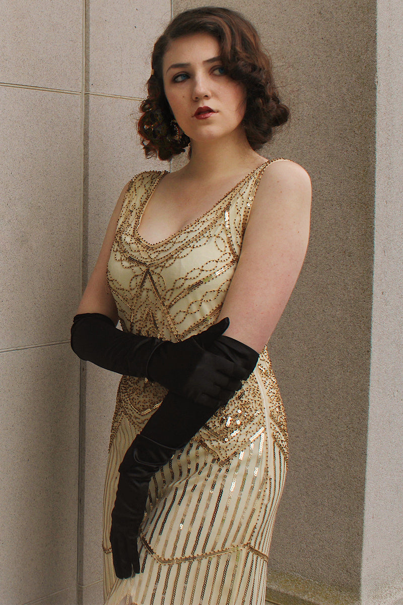 Carregar imagem no visualizador da galeria, Champagne V Neck Backless Sequin Fringe Flapper Dress