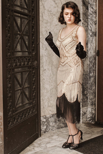 Champagne V Neck Backless Sequin Fringe Flapper Dress