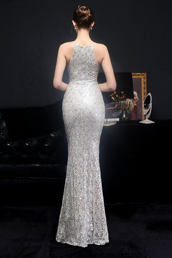 Vestido de festa de lantejoulas halter de prata