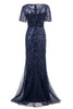 Carregar imagem no visualizador da galeria, Sereia mangas curtas Navy Prom Dress