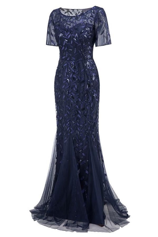 Carregar imagem no visualizador da galeria, Sereia mangas curtas Navy Prom Dress