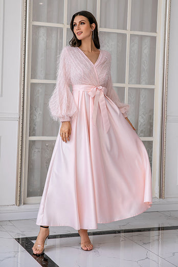 Vestido de festa de casamento de mangas compridas rosa