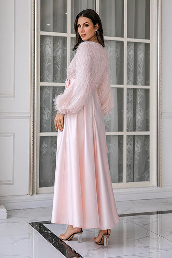 Vestido de festa de casamento de mangas compridas rosa