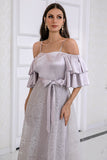 Vestido de baile de alças de espaguete cinza com renda